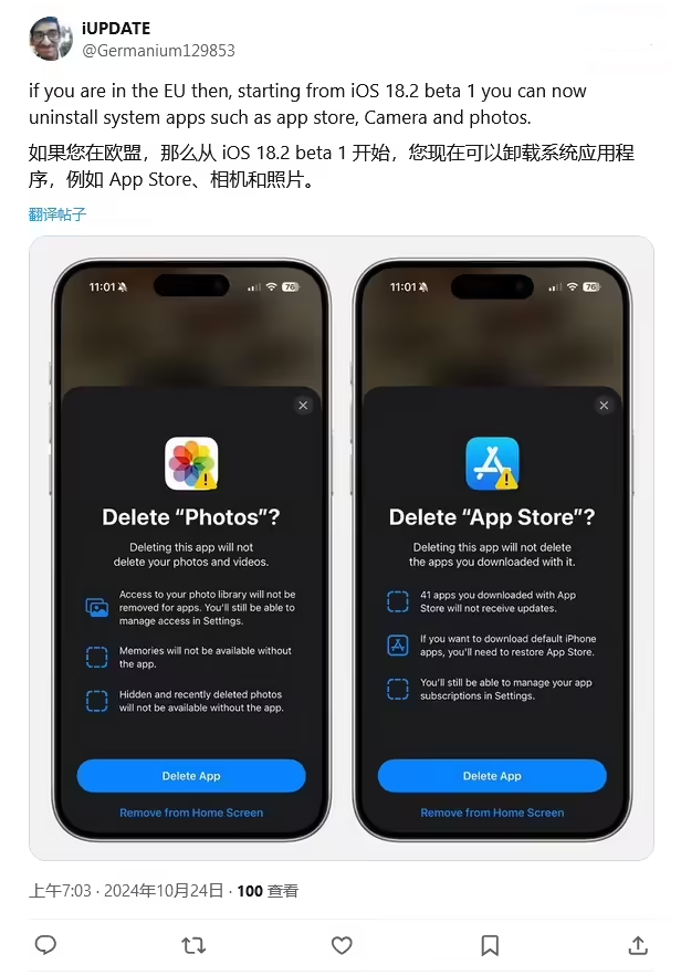 道真苹果手机维修分享iOS 18.2 支持删除 App Store 应用商店 